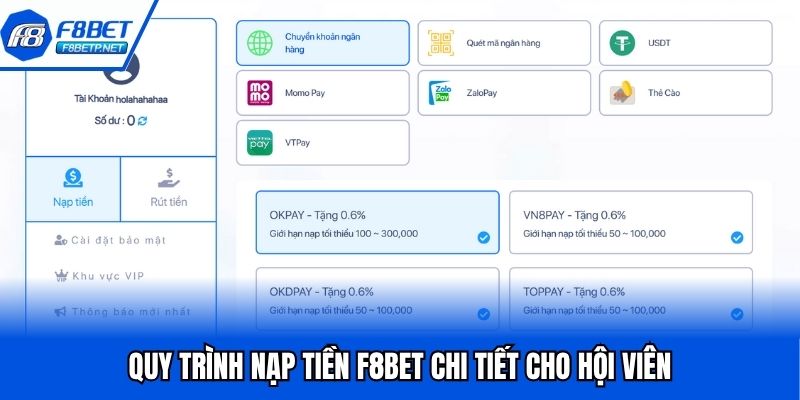 Nạp Tiền F8bet - Quy Trình Đơn Giản, Nhận Ngay Sau 5 Phút Quy trình nạp tiền F8bet chi tiết cho hội viên